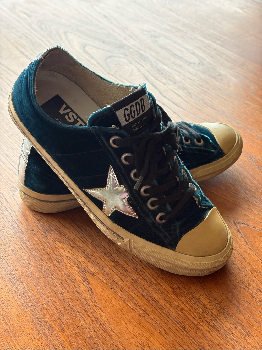 Golden Goose V-Star Velvet Low-Top Sneakers in Teal with Iridescent Star